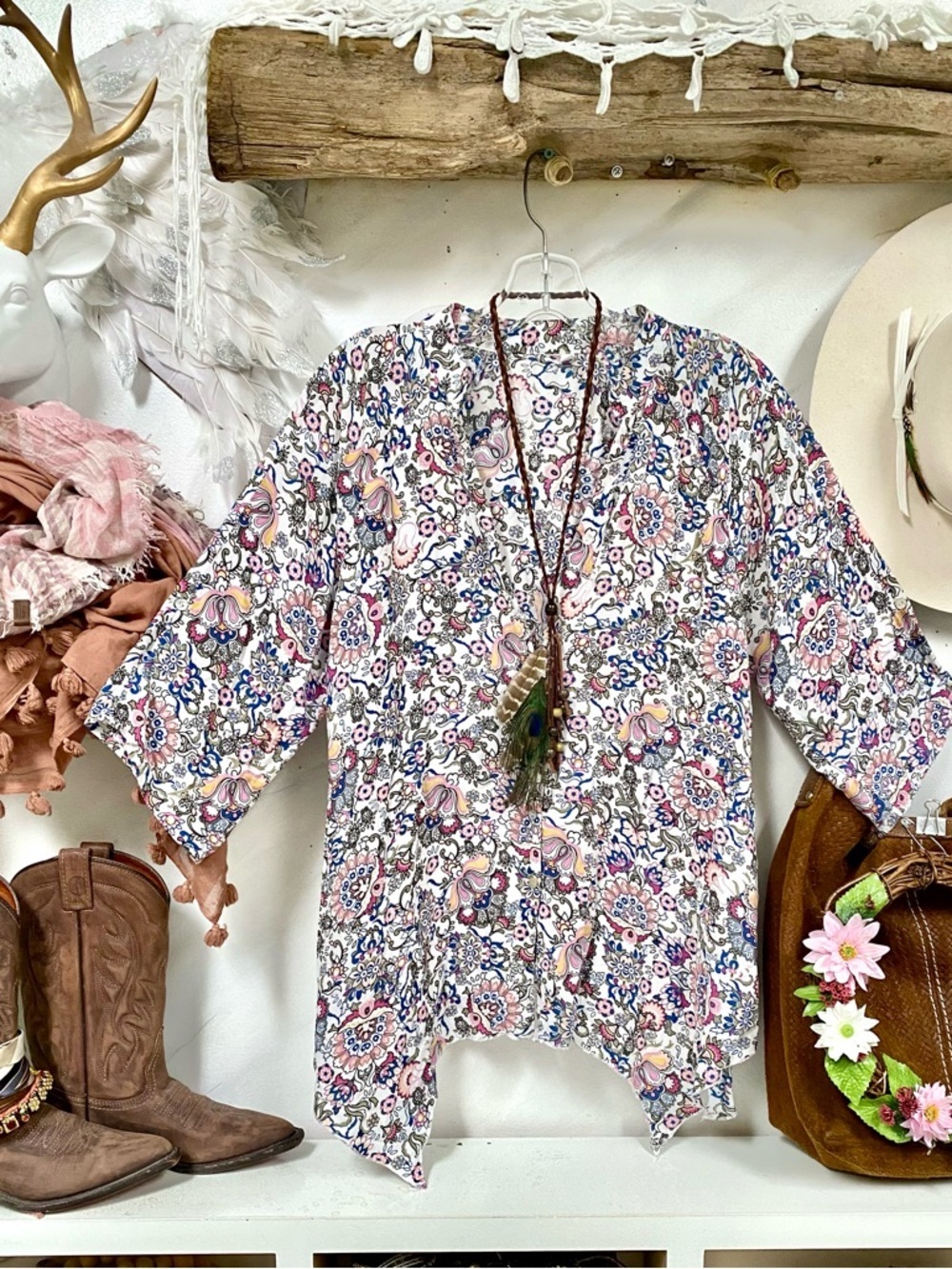 Enchanting Gypsy boho floral blouse /cover up w prairie farmhouse vibe